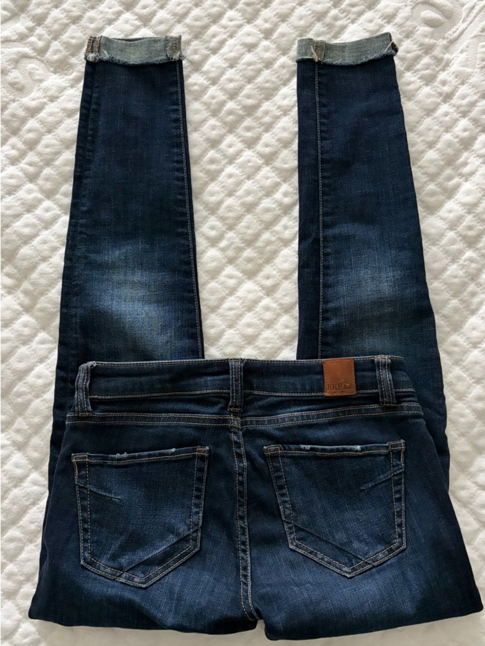 Dark Wash Skinny Jeans - Leather Patch Waistband